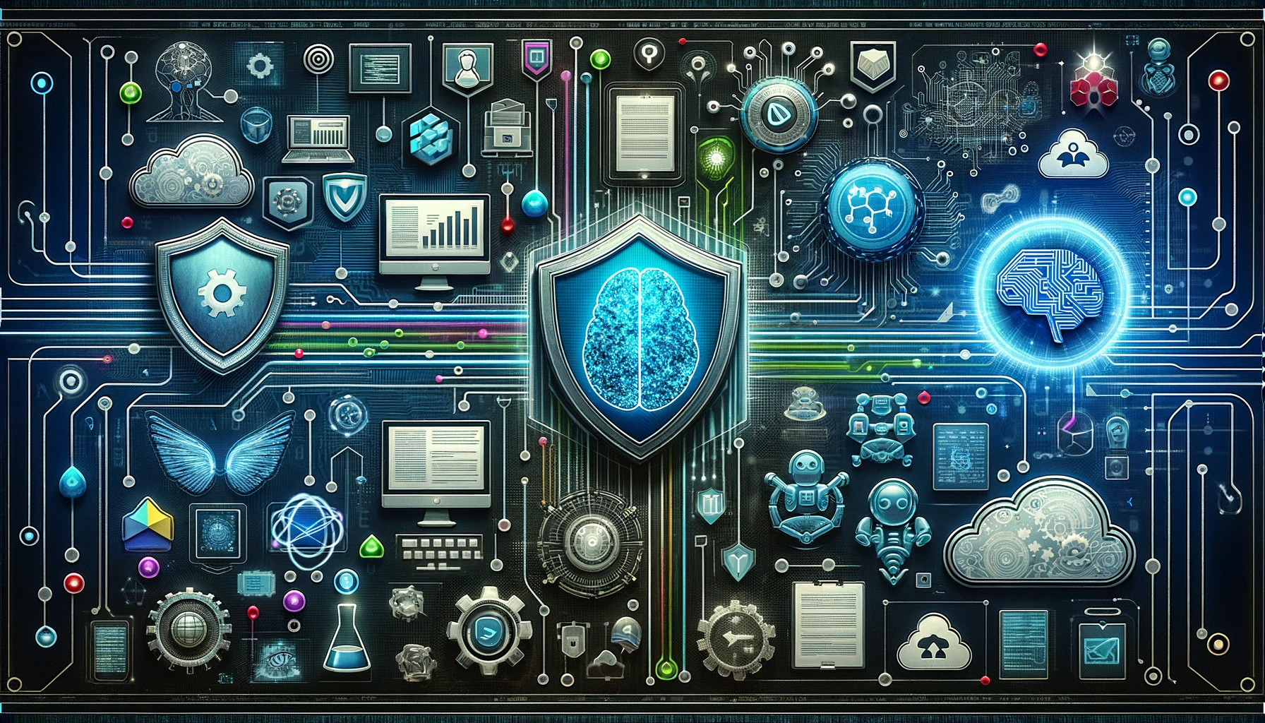 The image features a dynamic, interconnected layout showcasing various fields of web technology. It includes symbolic representations of different technological areas: screens with coding graphics for software development, a shield icon symbolizing cybersecurity, a stylized brain or circuit pattern representing artificial intelligence, and cloud symbols for cloud computing.