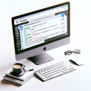 The image features a modern computer or laptop with a white background, displaying a vibrant ChatGPT interface. The screen shows a conversation focused on advanced web development topics like React, Node.js, and APIs, with ChatGPT providing comprehensive, educational responses.