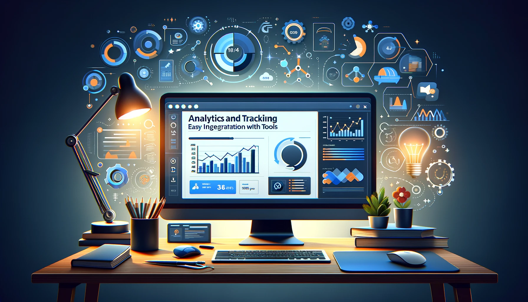 Image illustrating the 'Analytics and Tracking: Easy Integration with Tools' section, showing a modern workspace with a computer screen displaying analytics graphs, charts, and data points. This visual emphasizes the ease of integrating analytics tools for website performance monitoring in a streamlined, user-friendly manner, set against a professional yet inviting color scheme.