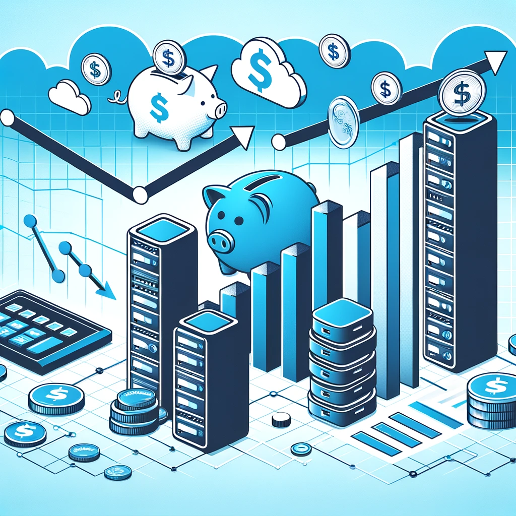 A conceptual image highlighting the theme of 'Cost-Effective: Minimal running costs' in the digital landscape. It features a piggy bank alongside sleek digital infrastructure symbols, such as servers and cloud icons, to represent lean operations. A prominent chart illustrates upward growth with downward trending costs, symbolizing the efficiency of smart technology investments. This visual metaphor conveys the principle of achieving greater productivity and growth while minimizing operational expenses, embodying the goal of maximizing output with minimal costs.