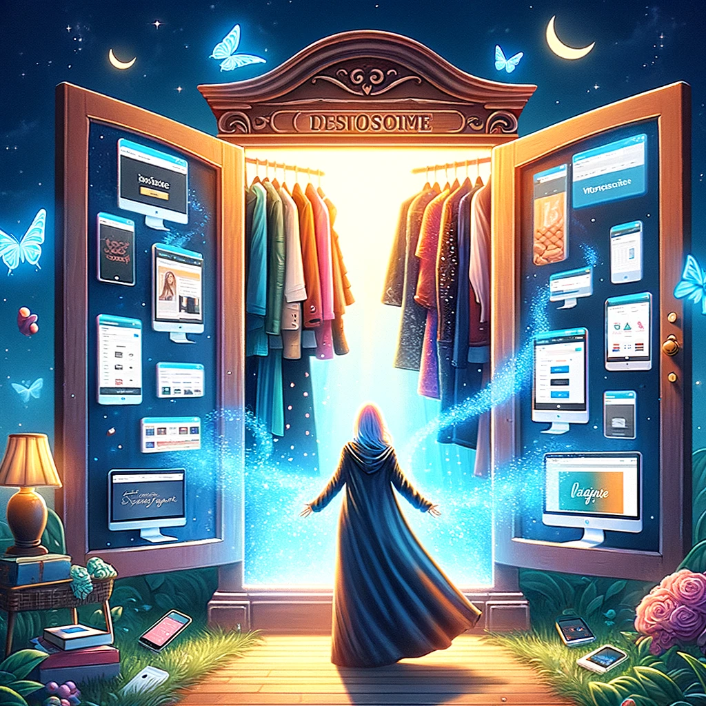 An enchanting wardrobe door opens into a vibrant digital landscape, where diverse website designs inspired by fashion blogging and tech entrepreneurship come to life. Themes flow out like beams of light, painting the scene with beautiful aesthetics, including color schemes, typography, and layout structures, symbolizing the transformative power of WordPress themes in customizing web presence.