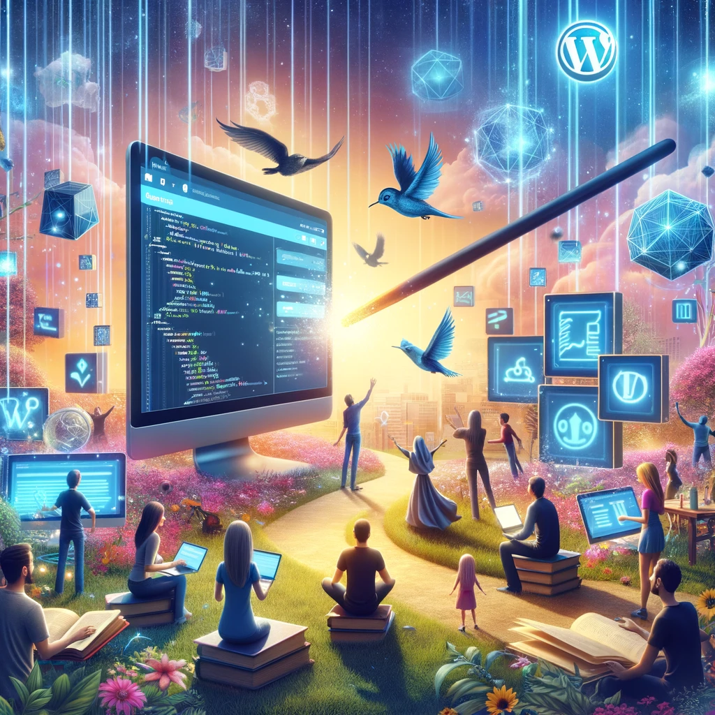 Magical and welcoming digital landscape representing the ease and creativity of using WordPress for website development.