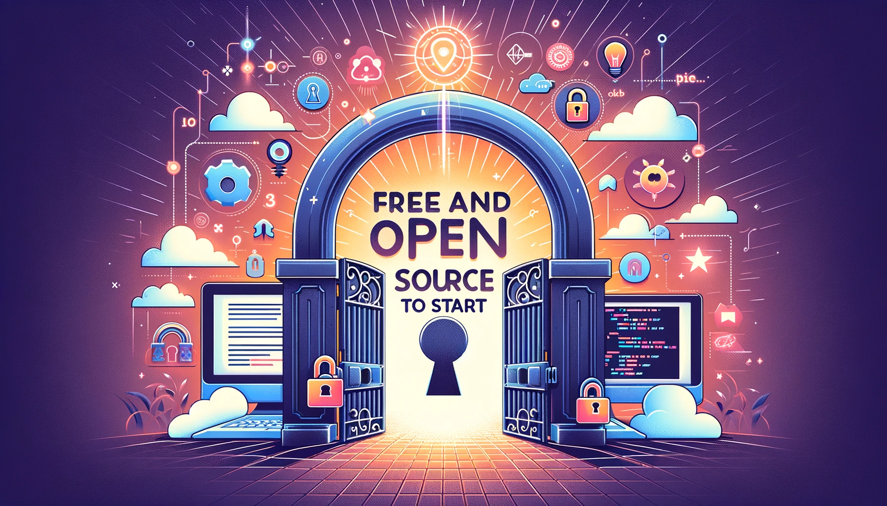 Image depicting the concept of free and open source software with symbols of an unlocked padlock, open source code on a screen, and a gateway representing open access and zero cost, highlighting the opportunities in software development.
