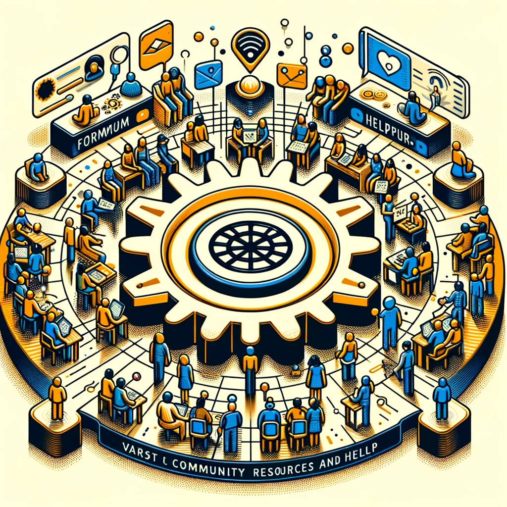 A vibrant image depicting a large, diverse community actively engaging around a central hub symbolizing support and assistance. The scene is filled with avatars of people from various backgrounds participating in discussions, offering advice, and sharing resources, all converging around icons of forums and help centers. This visual narrative captures the essence of warmth, inclusivity, and the collaborative spirit of a support community, emphasizing its role as a vital foundation for users in search of guidance and mutual assistance.