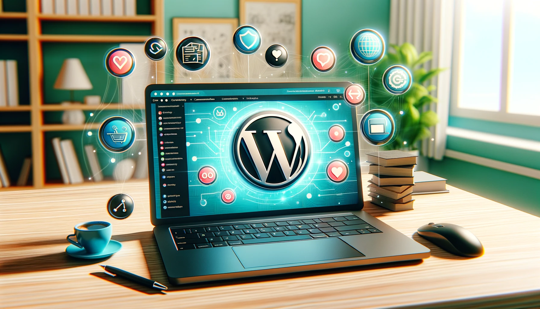 image featuring a sleek, modern laptop open on a desk, displaying a vibrant WordPress dashboard screen