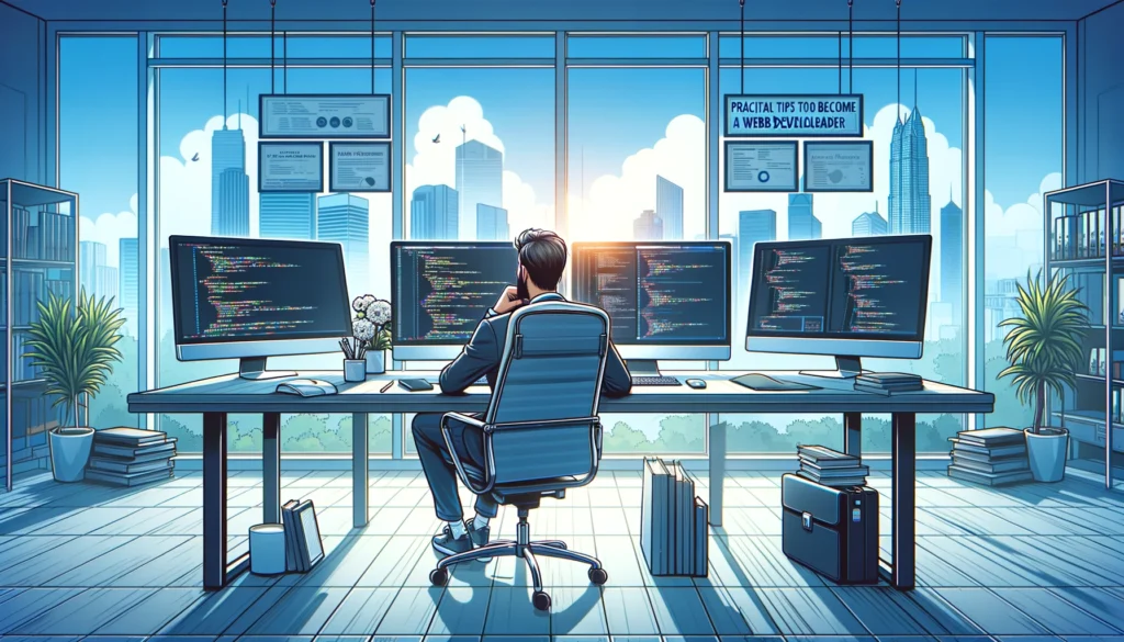 Modern office setting symbolizing the culmination of efforts to become a web developer, with an individual at a desk surrounded by monitors showcasing complex code and project achievements, coding books, and certificates of completion, all against a cityscape background, representing the vast opportunities in the web development field.