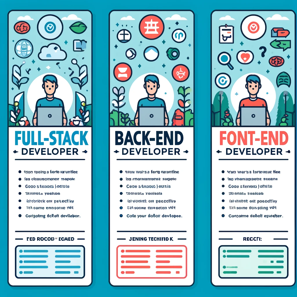 Educational infographic outlining the career paths of Full-Stack, Back-End, and Front-End Developers, essential for those looking to become a web developer. It features color-coded sections with icons and brief descriptions of the technologies and skills specific to each role, aiding aspiring developers in making informed decisions about their career focus.