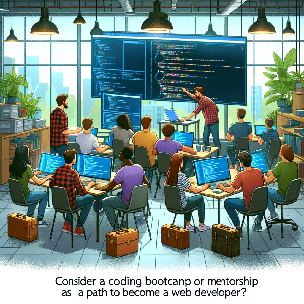 Image depicting a mentor teaching a diverse group of students at a coding bootcamp, with a large monitor displaying code, illustrating an interactive and supportive learning environment crucial for those aiming to become a web developer.