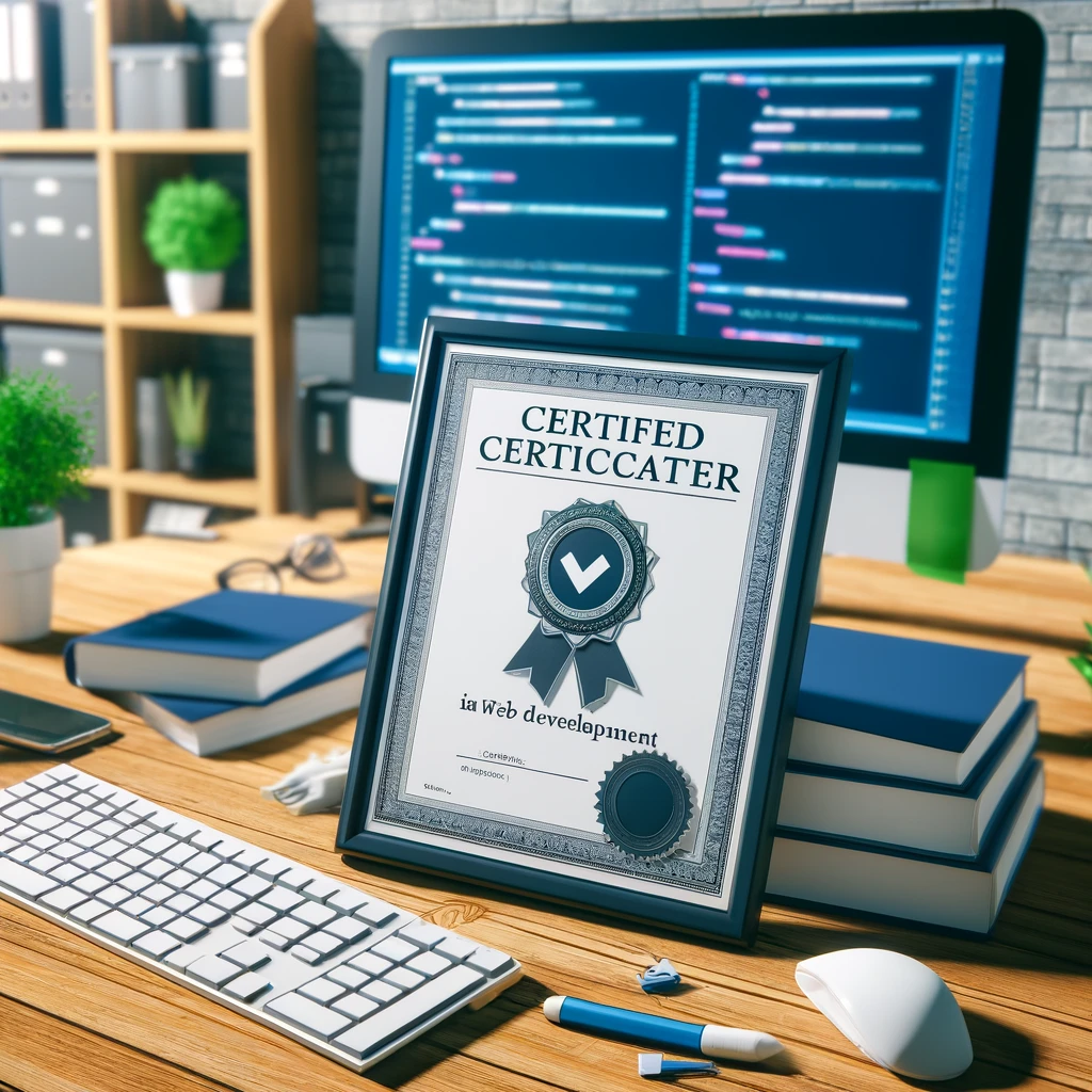 Image of a 'Certified Web Developer' diploma on a desk, complemented by a modern computer setup, representing the professional milestone achieved in the journey to become a web developer.