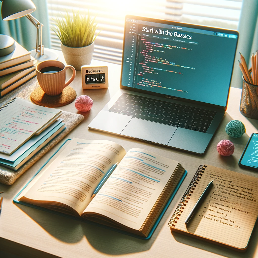 Serene study environment designed for those aiming to become a web developer, with a desk displaying a beginner's book on HTML and CSS, handwritten notes, and a laptop screen showing a 'Hello World' program, representing the foundational steps in the web development journey.