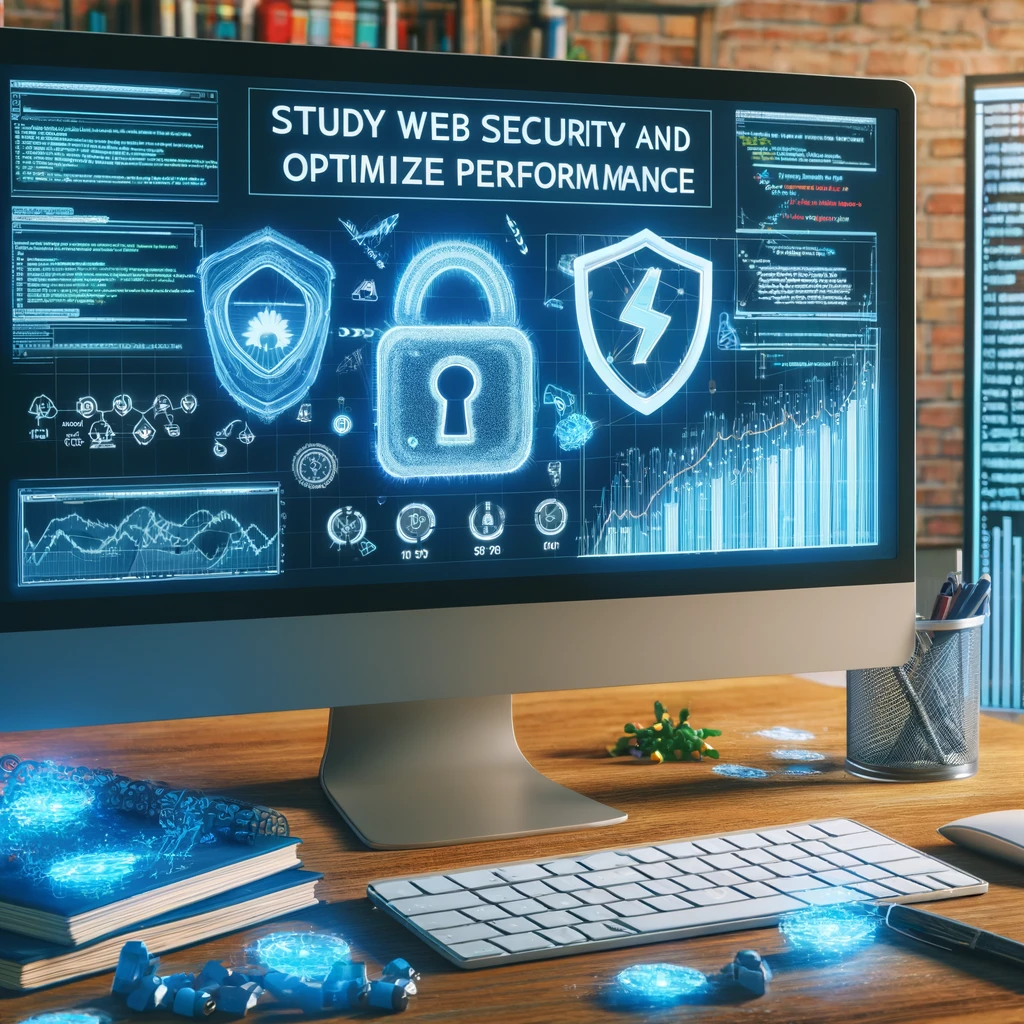Image showcasing a computer screen with security software and performance analytics, alongside a secure padlock symbol and a graph depicting website speed improvements, emphasizing the essential skills needed to become a web developer in a professional workspace setting.