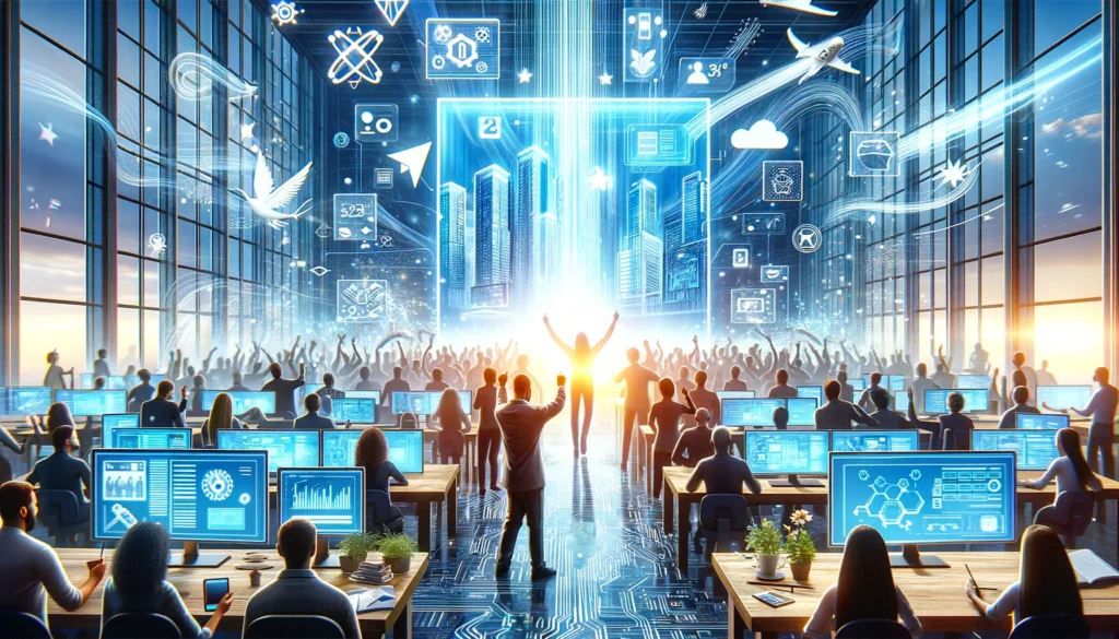 Futuristic scene of a diverse group celebrating in a tech-driven workspace, surrounded by digital screens and visual metaphors of connectivity and innovation, illustrating the empowering impact of No-Code Software Development on the tech industry.